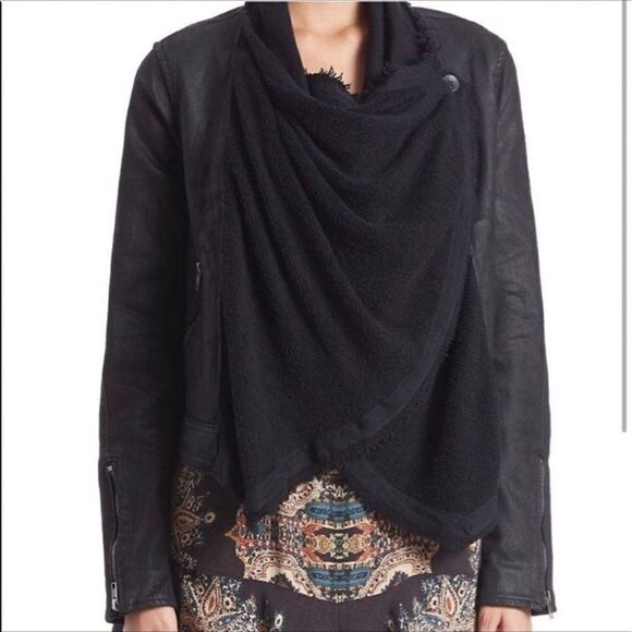 Free People Black Moto Jacket Coat Size 2 Front Drape Coated Denim Jean - Picture 2 of 15